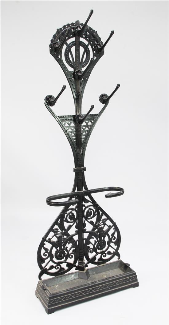 A Coalbrookdale black painted cast iron hall stand, designed by Dr Christopher Dresser, c.1867, H.5ft 6in.